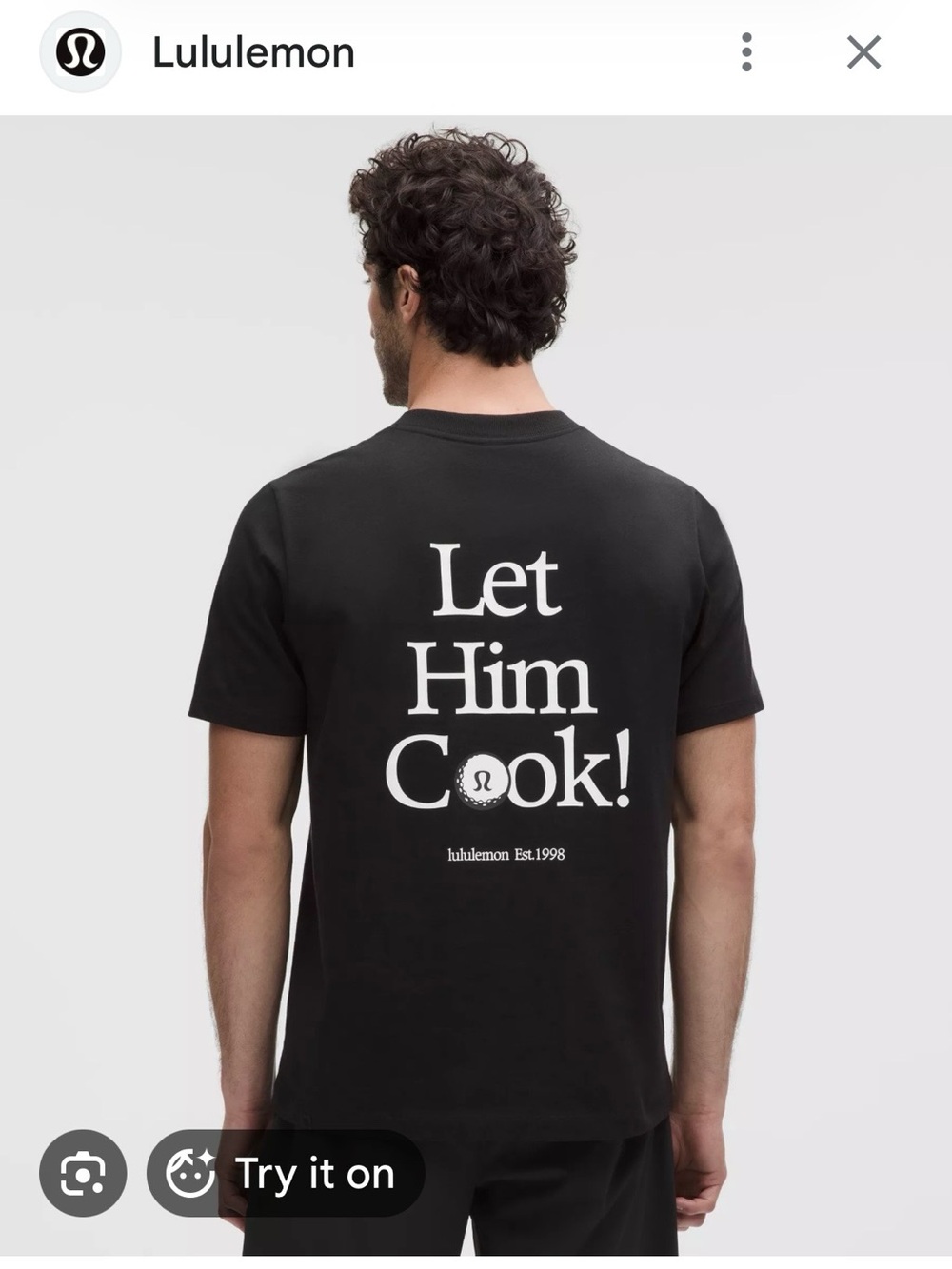 lululemon athletica Men’s Black Tee with White “Let Him Cook!” Great 4 golf!
